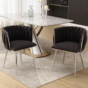 Set of 2 Modern Hand Weaving Dining Chairs with Silver Legs and Armrests, Boucle Upholstered Side Chairs for Kitchen, 54x52x73 cm, Black Aosom.UK