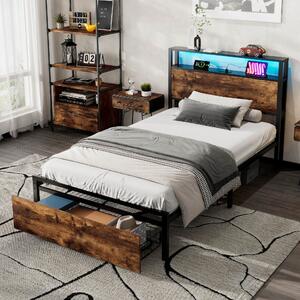 Single Metal Bed with LED Light Strip, Drawer, and USB Ports, Home and Furniture Bedroom Furniture, 207.5x90.5x105 cm, Black + Dark Walnut Aosom.UK