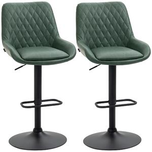 HOMCOM Retro Bar Stools Set of 2, Adjustable Kitchen Stool, Upholstered Bar Chairs with Back, Swivel Seat, Green