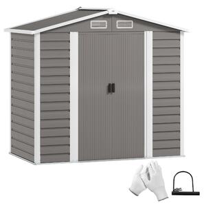 Outsunny 7 x 4ft Garden Shed, Easy to Assemble, Upgraded Galvanised Steel Frame with Foundation Kit, Double Doors with Lock, Outdoor Metal Shed with Vents and Gloves, Garden Storage Shed, Light Grey