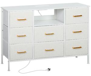HOMCOM Boucle Chest of Drawers, 8 Fabric Drawers Storage Organiser with Charging Station, 2 USB and 2 AC Ports, Steel Frame, Fabric Dresser for Living Room, Bedroom, Hallway, Cream White