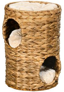 PawHut 47cm Cat Barrel Tree for Indoor Cats with 2 Cat Houses, Kitten Tower with Cushion - Light Brown Aosom UK