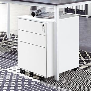 Lockable Mobile File Cabinet with 3 Drawers, Solid Steel Pedestal with 5 Casters and Keys, Cabinet Storage for A4 , 39x52x60 cm, White Aosom UK