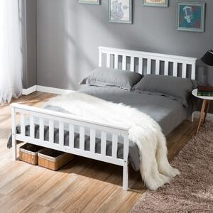 Double Wooden Bed Frame 4ft6 Solid Pine Wood with Eco-Friendly Finish, No Box Spring Required, Kids Double Bed, 198x141x82 cm, White Aosom UK