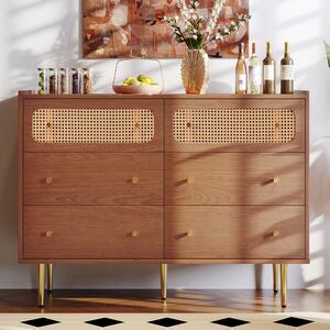 Vintage Finish Rattan Sideboard Cabinet with Storage Drawers, Wooden Chest of Drawers for Bedroom and Hallway, 120x40x90 cm, Walnut Aosom.UK