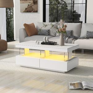 High Gloss Coffee Table with 16-Colour LED Lights, 2 Drawers and Open Storage, Modern 2-Tier White Coffee Table, 100x60x49.5 cm, White Aosom UK