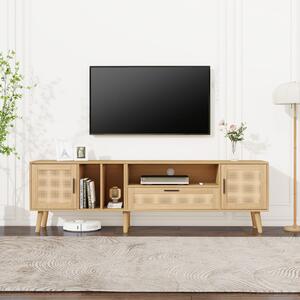 180 cm Modern TV Stand with Rattan Decoration, 2 Doors and Drawer, Solid Wood Legs, Fits 80-Inch TV, Cable Management, 180x40x54 cm, Oak Aosom UK