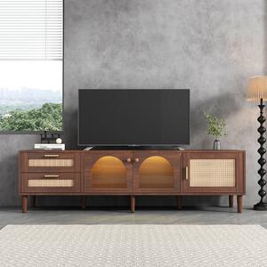 180 cm Modern TV Stand for 80-Inch TV with Rattan Drawers, Curved Glass Doors, LED Lighting, Unit for 80 inch TV, 180x40x50 cm, Brown Aosom UK