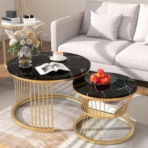 Set of 2 Nesting Coffee Tables with Marble Pattern, Gold Metal Frame, Round Side Tables for Living Room, 70x70x45 cm and 45x45x40 cm, Black Aosom.UK