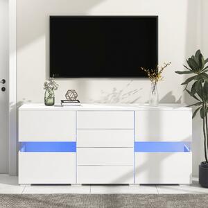 High Gloss Modern Sideboard Cabinet with LED Lights, 2 Doors and 4 Storage Drawers, Chest of Drawers for Living Room, 140x35x72 cm, White Aosom.UK