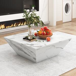 Modern Trapezoidal Coffee Table with 2 Drawers, Marble Veneer End Table, Side Table with Storage for Living Room, 70x70x37 cm, White Aosom UK