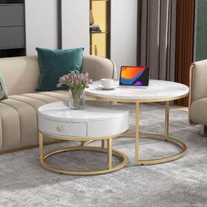 Round Nesting Coffee Tables with Drawer, Set of 2 with Storage, Gold Metal Frame and Marble Pattern Top for Living Room and Office, White Aosom UK