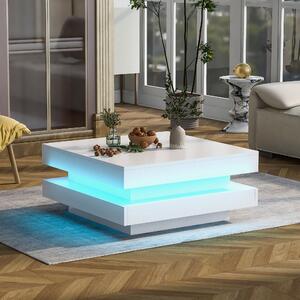 High Gloss Lift Top Coffee Table with Rotating Top and 16-Colour LED Light, Square 2-Tier Storage Modern Center Table, 70x70x36 cm, White Aosom UK