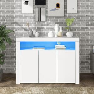 Modern Sideboard Cabinet with LED Lights, High Gloss Design, 3-Door Remote Control Kitchen Unit for Home Decor, 130x35x95 cm, White Aosom.UK