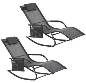 Outsunny 2Pcs Garden Rocking Chair, Patio Sun Lounger Rocker Chair w/ Breathable Mesh Fabric, Removable Headrest Pillow, Side Storage Bag, Black
