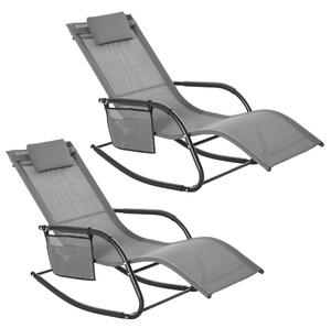 Outsunny 2Pcs Garden Rocking Chair, Patio Sun Lounger Rocker Chair w/ Breathable Mesh Fabric, Removable Headrest Pillow, Side Storage Bag, Grey