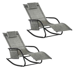Outsunny 2Pcs Garden Rocking Chair, Patio Sun Lounger Rocker Chair w/ Breathable Mesh Fabric, Removable Headrest Pillow, Side Storage Bag, Dark Grey
