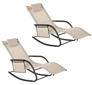 Outsunny 2Pcs Garden Rocking Chair, Patio Sun Lounger Rocker Chair w/ Breathable Mesh Fabric, Removable Headrest Pillow, Side Storage Bag, Cream White