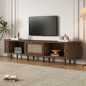 Oval TV Unit with Rattan Drawer and 2 Sliding Doors, Rounded Corner Sideboard,TV Stand Suitable for 70-inch TV, 180L x 40W x 40H cm, Oak Aosom UK