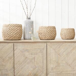Set of 3 Plaited Natural Seagrass & Palm 2-Toned Round Baskets Brown