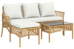 Outsunny 3 Piece Rattan Garden Furniture Corner Sofa Set with Chaise Lounge, Loveseat, Glass Coffee Table, Cushions, Natural Wood