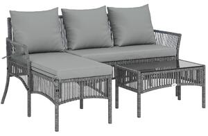 Outsunny 3 Piece Rattan Garden Furniture Corner Sofa Set with Chaise Lounge, Loveseat, Glass Coffee Table, Cushions, Dark Grey
