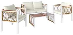 Outsunny 4 Piece Rattan Garden Furniture Set with Loveseat, 2 Armchairs, Table, Metal Frame Patio Conversation Set, Cream White