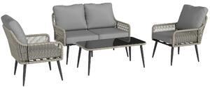 Outsunny Rattan Garden Furniture Set, 4 Piece Outdoor Patio Furniture with Tempered Glass Table and Chairs, Indoor Balcony Conservatory Set