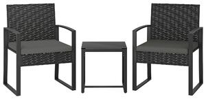 Outsunny Rattan Bistro Set, 3 Piece Garden Furniture Set with Glass Top Table and Cushions, Dark Grey