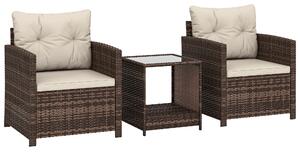 Outsunny Rattan Bistro Set, 3 Piece Garden Furniture Set with 2 Tier Glass Top Table and Cushions, Mixed Brown