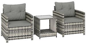 Outsunny Rattan Bistro Set, 3 Piece Garden Furniture Set with 2 Tier Glass Top Table and Cushions, Mixed Grey