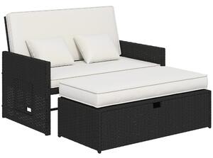 Outsunny Rattan Garden Daybed, Assembled Double Sun Lounger with 5-Level Adjustable Back, Storage Ottoman, Cream White