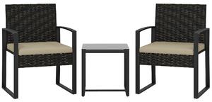Outsunny Rattan Bistro Set, 3 Piece Garden Furniture Set with Glass Top Table and Cushions, Khaki