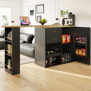 360° Swivelling Bar Table with Multi-Tiered Side Shelves, 2 Drawers, Storage Cabinet for Study, Living Room, 193L x 39W x 104H cm, Black Aosom.UK