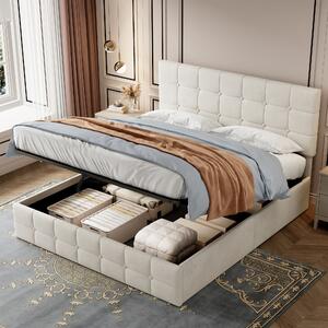Upholstered Double Bed with Hydraulic Storage, Adjustable Button Tufted Headboard, Velvet Ottoman Bed Frame, 195L x 145W x 116H cm, Beige Aosom.UK
