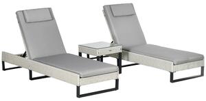 Outsunny 3-piece PE Rattan Sun Lounger Set with Adjustable 5-Position Recliner, Patio Chaise Lounge Chair Set with Cushions, Headrests, Glass Top Square Coffee Table, Light Grey