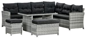 Outsunny 5-Piece Rattan Patio Furniture Set with Corner Sofa, Footstools, Glass Coffee Table, Cushions, Mixed Grey