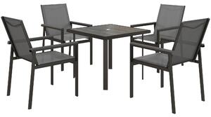 Outsunny 5 Pieces Garden Dining Set with Glass Top Dining Table, Outdoor Umbrella Hole Table and 4 Armchairs w/ Breathable Mesh Fabric Seats