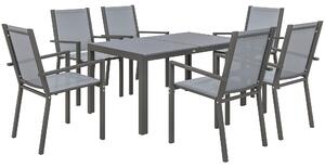 Outsunny 7 Pieces Garden Dining Set with Wood-plastic Composite Dining Table, and 6 Stackable Armchairs with Breathable Mesh Fabric