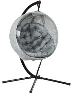 Outsunny Hanging Egg Chair Outdoor Indoor Garden Swing Chair with Folding Basket, Stand, Thickened Cushion, Cup Holder for Patio, Balcony, Grey