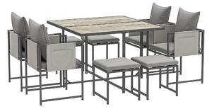 Outsunny 9 Piece Garden Dining Set, 8 Seater Garden Table and Chairs with 4 Stools, Square PSPC Plastic Top Table, Side Pockets for Patio, Grey