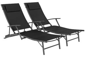 Outsunny Set of 2 Folding Sun Loungers for Garden, Adjustable Outdoor Chaise Lounge Chairs with Armrests, Pillows, Sunbed Recliners, Black
