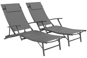 Outsunny Set of 2 Folding Sun Loungers for Garden, 4 Positions Adjustable Outdoor Chaise Lounge Chairs with Armrests, Pillows, Grey