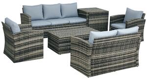 Outsunny 6 Pieces Rattan Garden Furniture Set, 7 Seater Wicker Outdoor Furniture Set with Storage Tea Table & Side Table, Grey