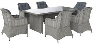 Outsunny 6 Seater Rattan Dining Set, Round PE Rattan Garden Furniture Set with Seat and Back Cushions, Aluminium Outdoor Dining Table and Chairs with 6 Armchairs, Rectangular Glass Top Table, Grey