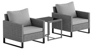 Outsunny 3 Pieces Rattan Bistro Set with 4 Cushions, Wicker Garden Furniture Set, Glass Top Coffee Table and Chairs for Outdoor Patio, Balcony, Terrace and Conservatory, Grey