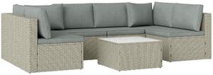 Outsunny 7 Pieces Rattan Garden Furniture Set, 6 Seater Garden Corner Sofa with Wide Seat, Cushions and Glass Top Table, Sectional Outdoor Furniture Conservatory Set for Patio, Light Brown