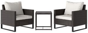 Outsunny 3 Pieces Rattan Bistro Set with 4 Cushions, Wicker Garden Furniture Set, Glass Top Coffee Table and Chairs for Outdoor Patio, Balcony, Terrace and Conservatory, Brown