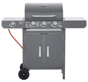 Outsunny 3+1 Burner Gas BBQ Grill, Outdoor Barbecue Trolley with Wheels, Warming Rack, Side Shelves, Cabinet, Thermometer for Garden, Party, Camping, 110L x 50W x 100Hcm, Grey
