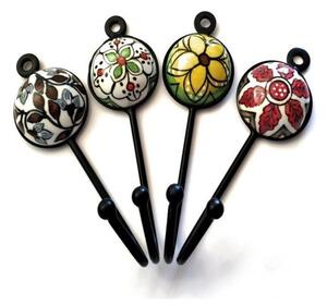 Coat Hooks - Set of 4 Steel and Ceramic Hangers - Canal Boat Style